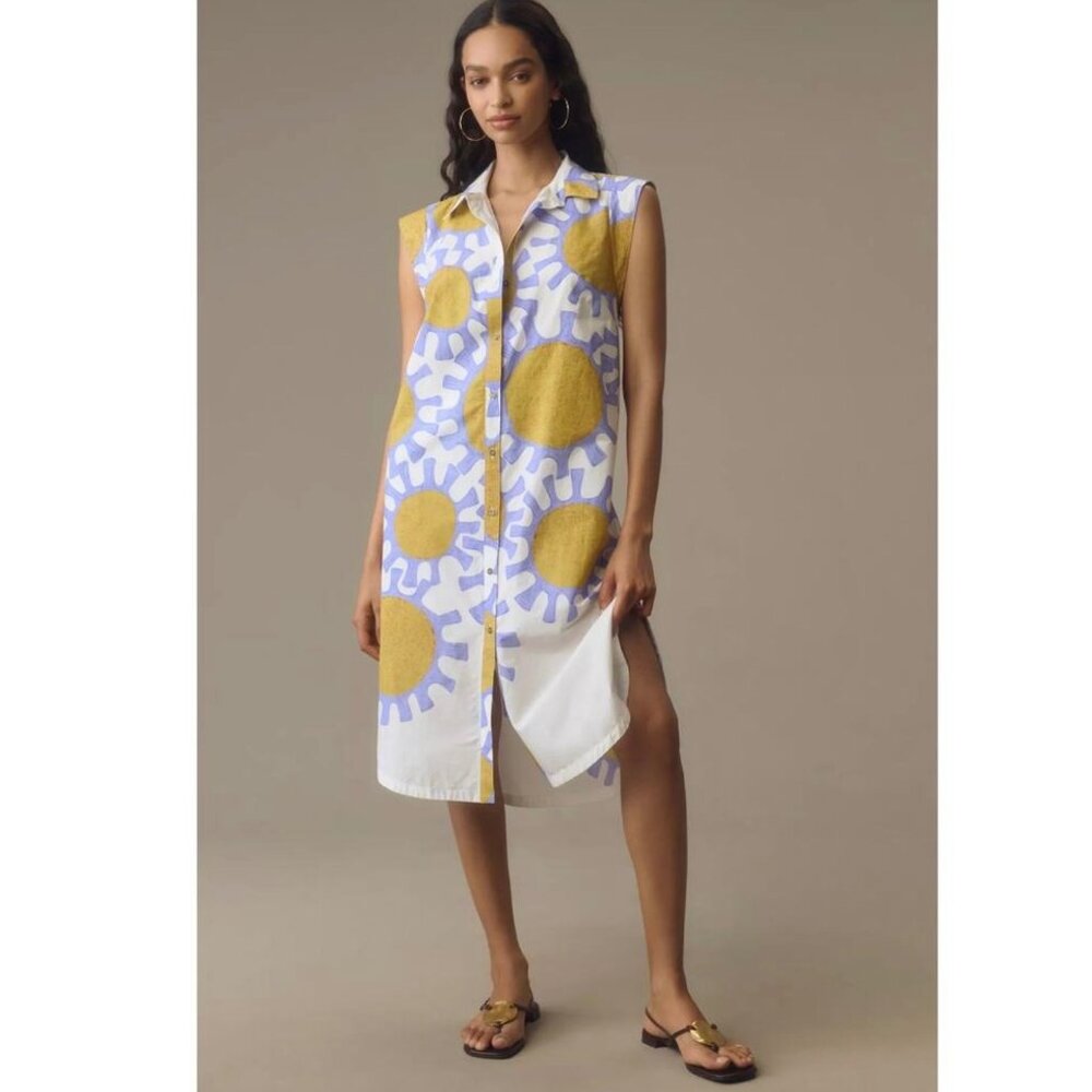 Anthropologie Sleeveless Midi Shirt Dress in White, Yellow & Lavender